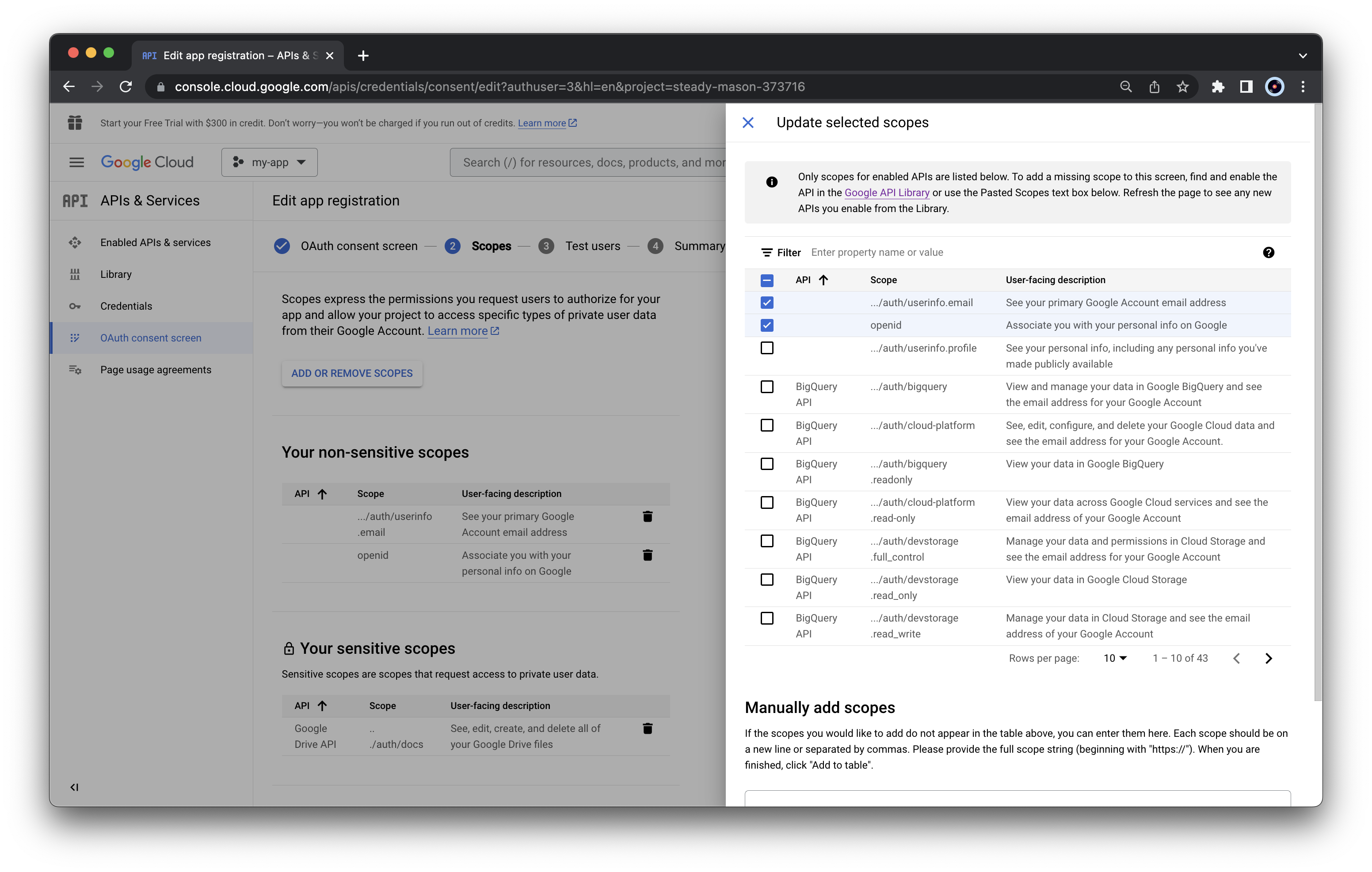 Google Cloud Console app registration select required scopes (part I)