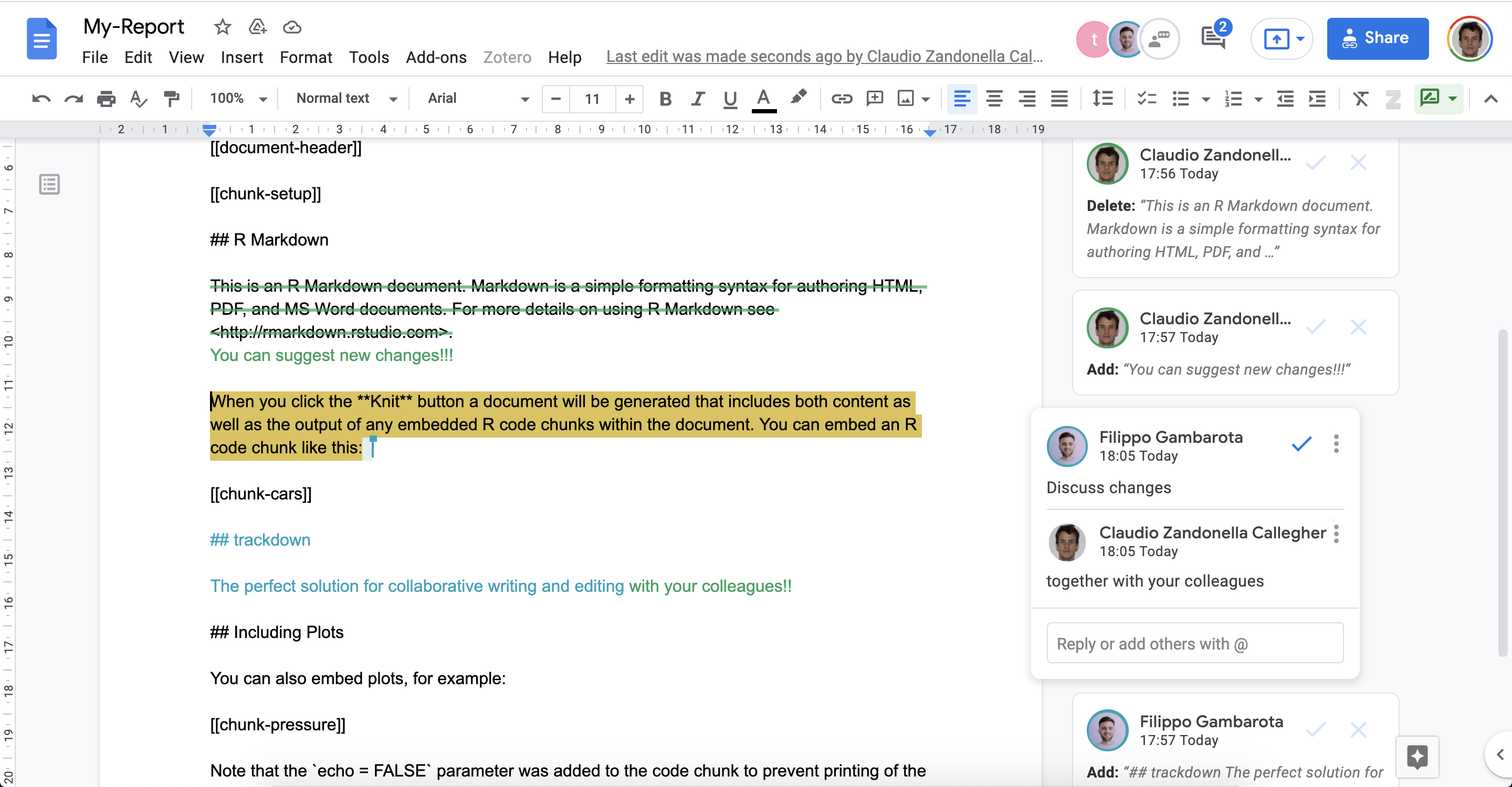 Exampel of collaboration in the review and editing of a document in Google Docs (i.e., comments, addition and deletion of text) 