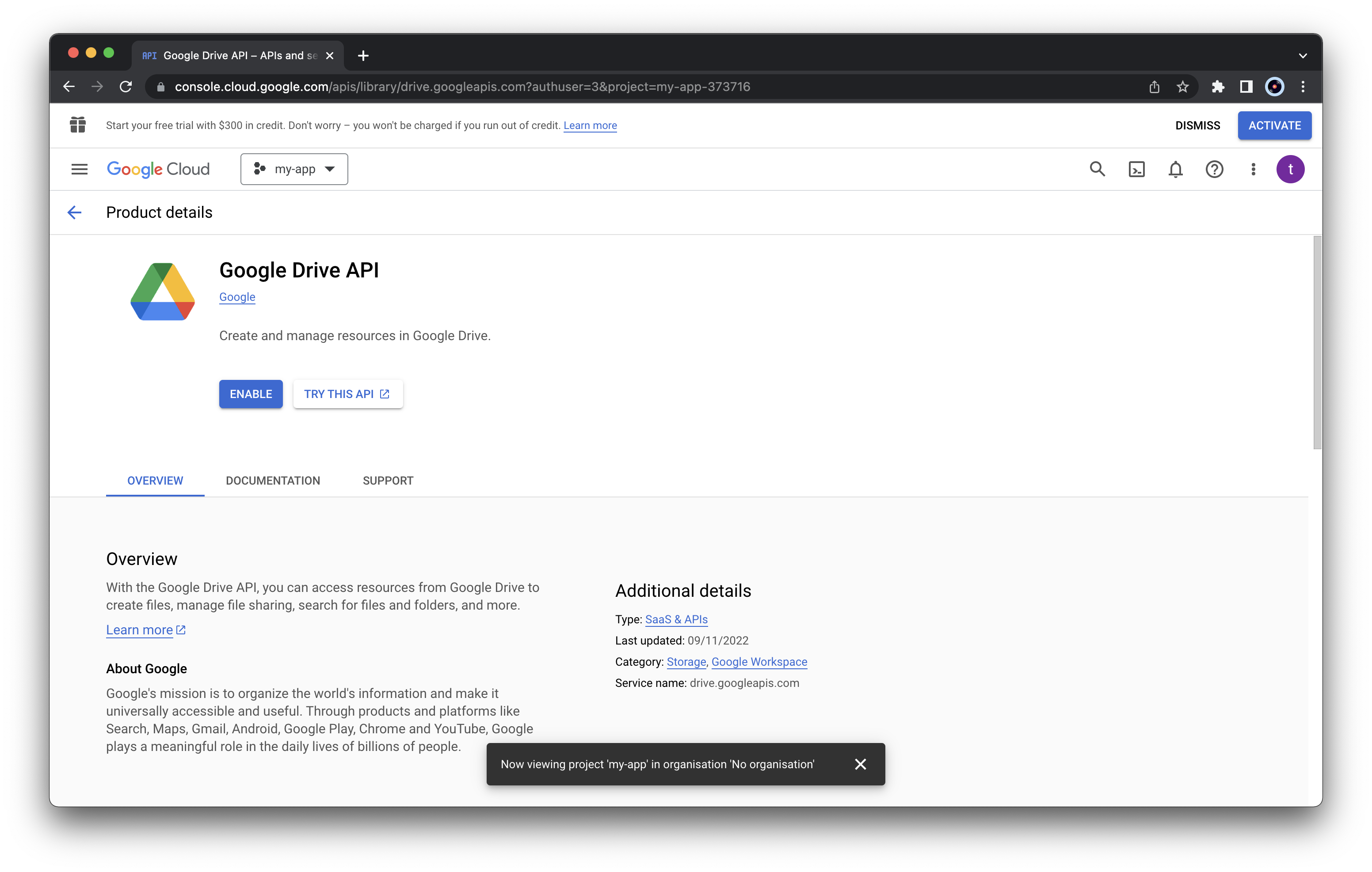 Google Cloud Console enable Google Drive API