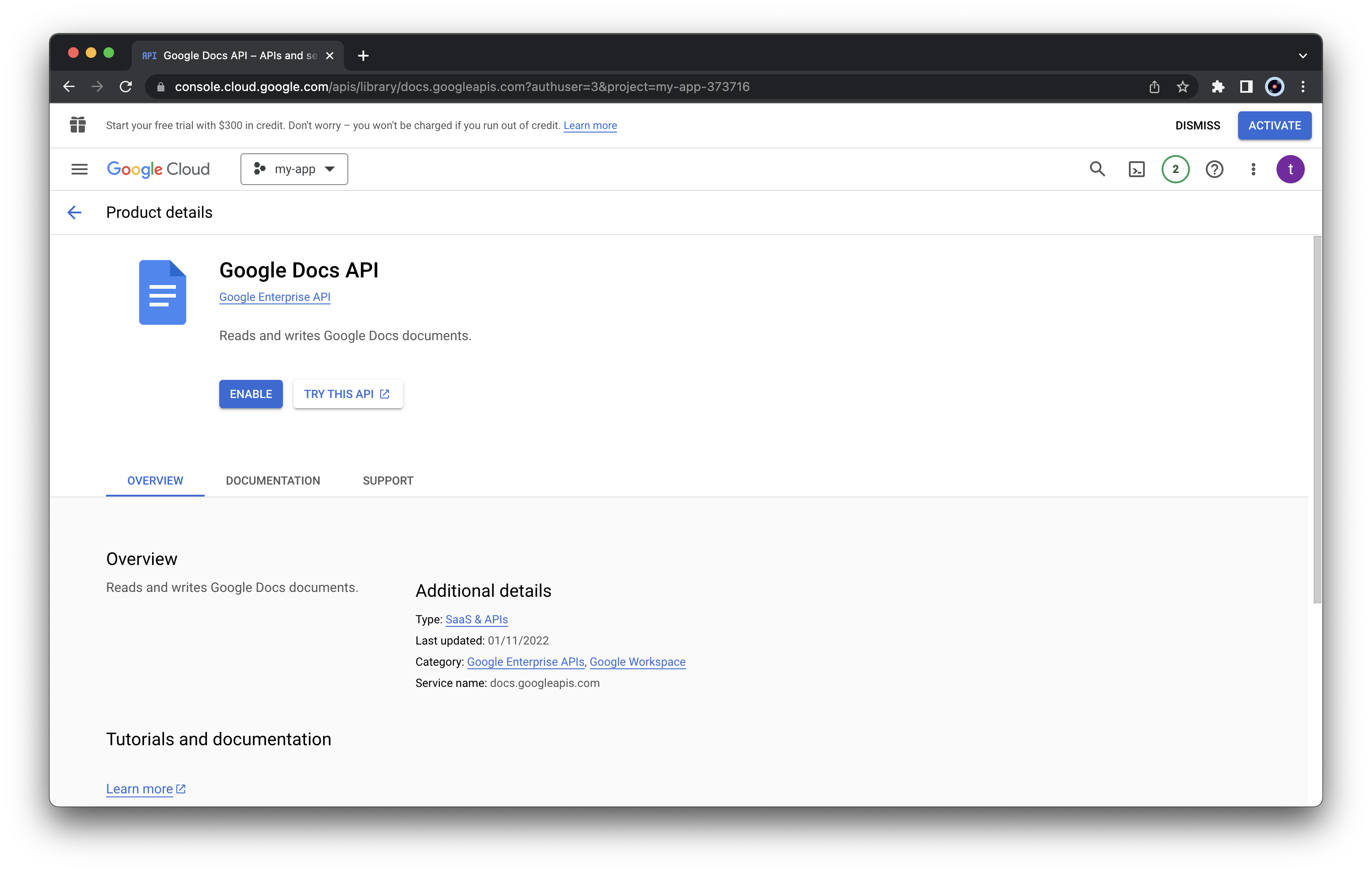 Google Cloud Console enable Google Docs API