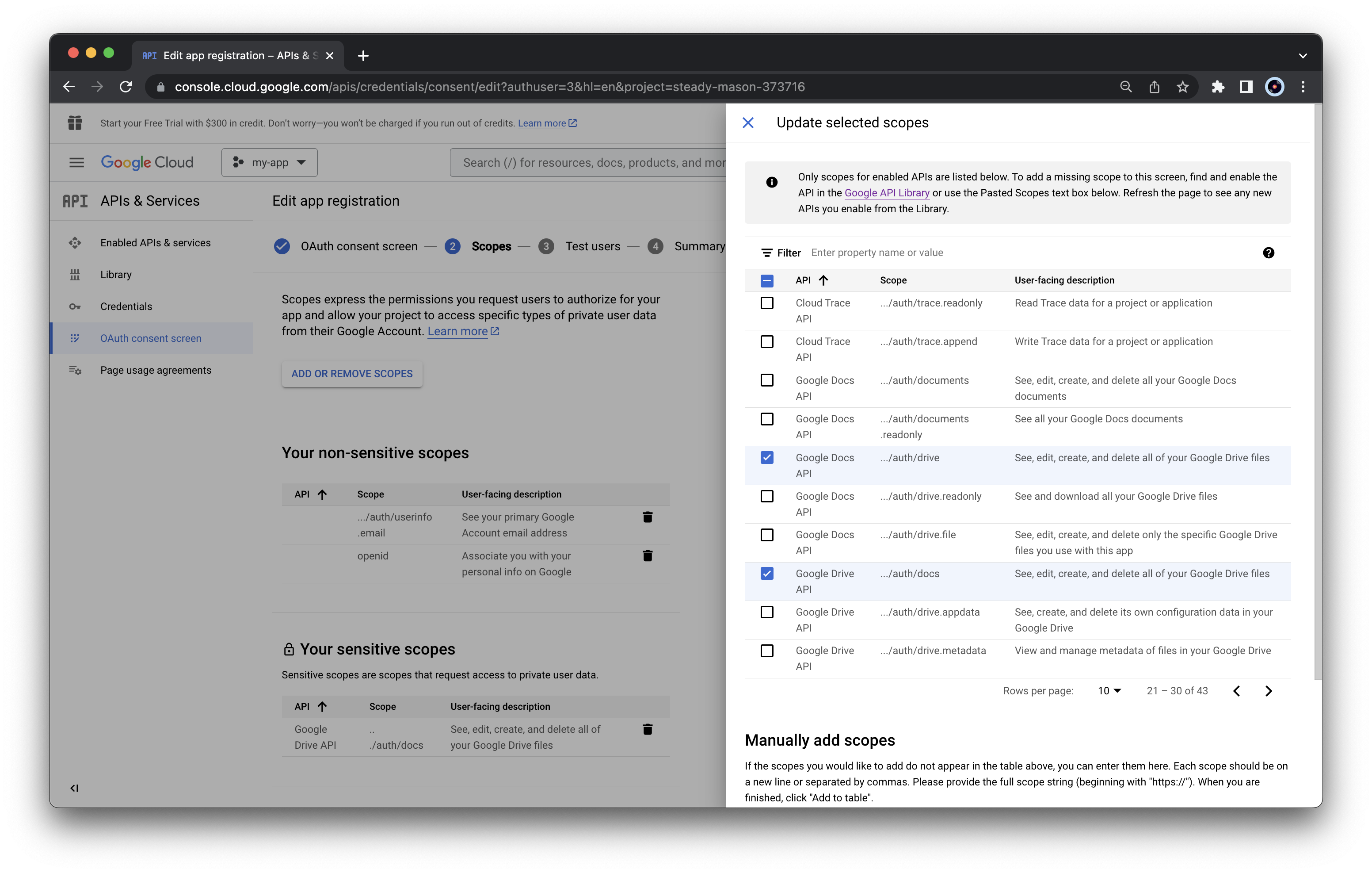 Google Cloud Console app registration select required scopes (part II)