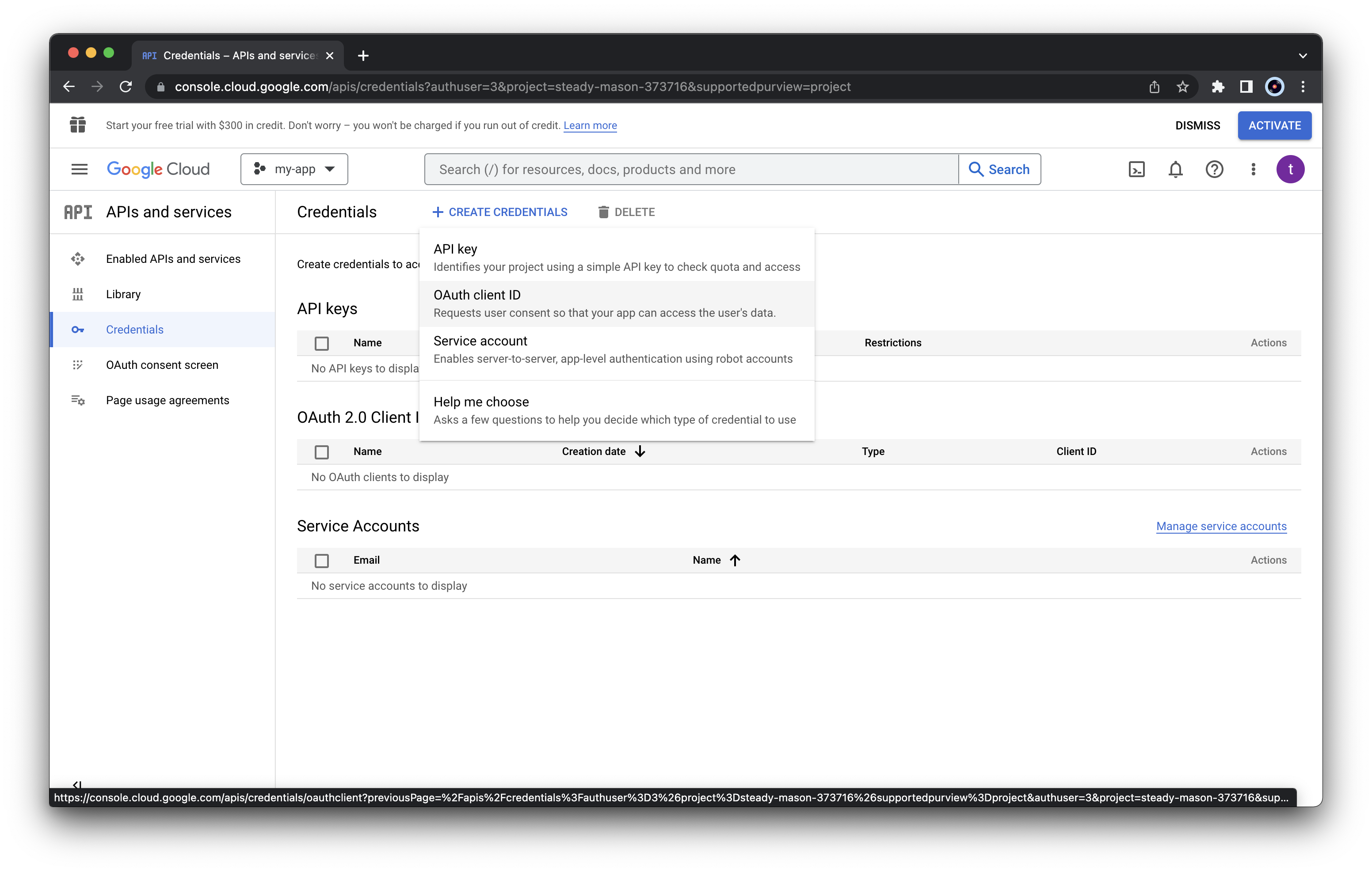 Google Cloud Console OAuth client ID credentials creation menu