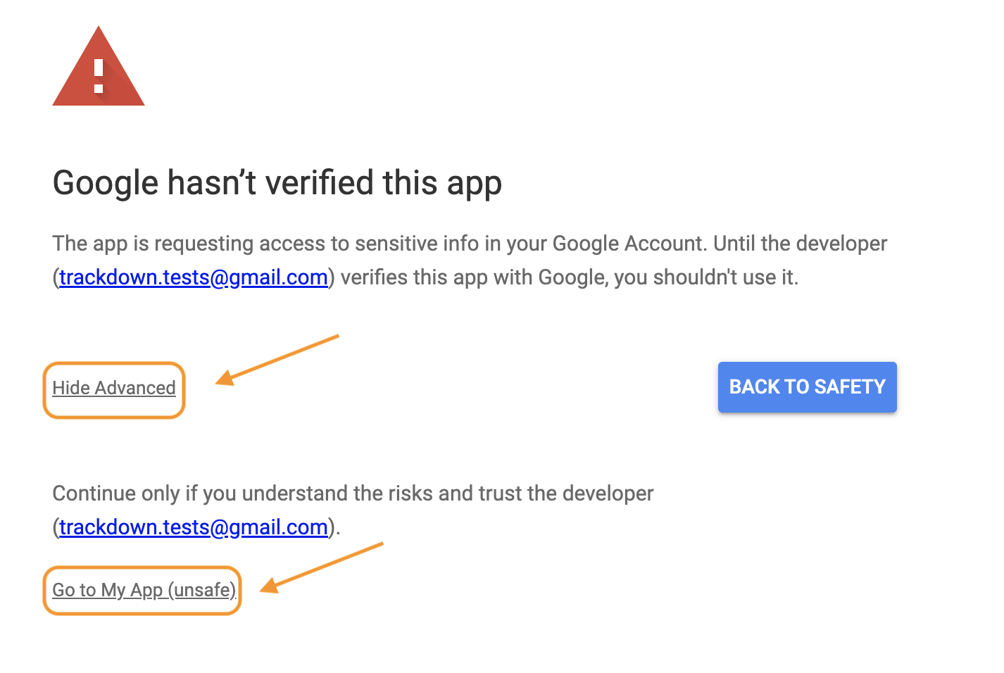 Google account access warning app not verified